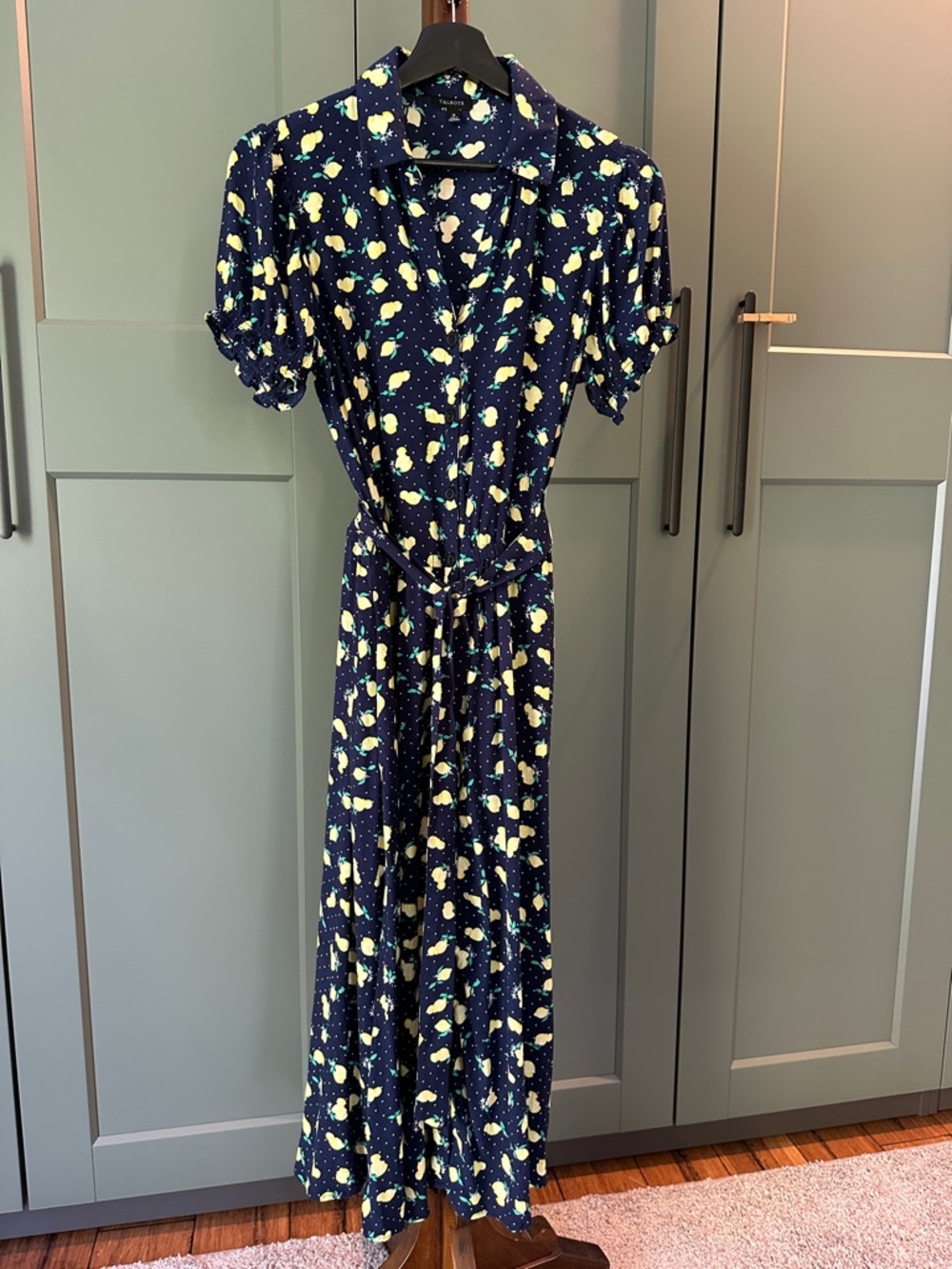 Lemon-Print Navy Blue Midi Shirt Dress with Tie Waist - Picture 4 of 8
